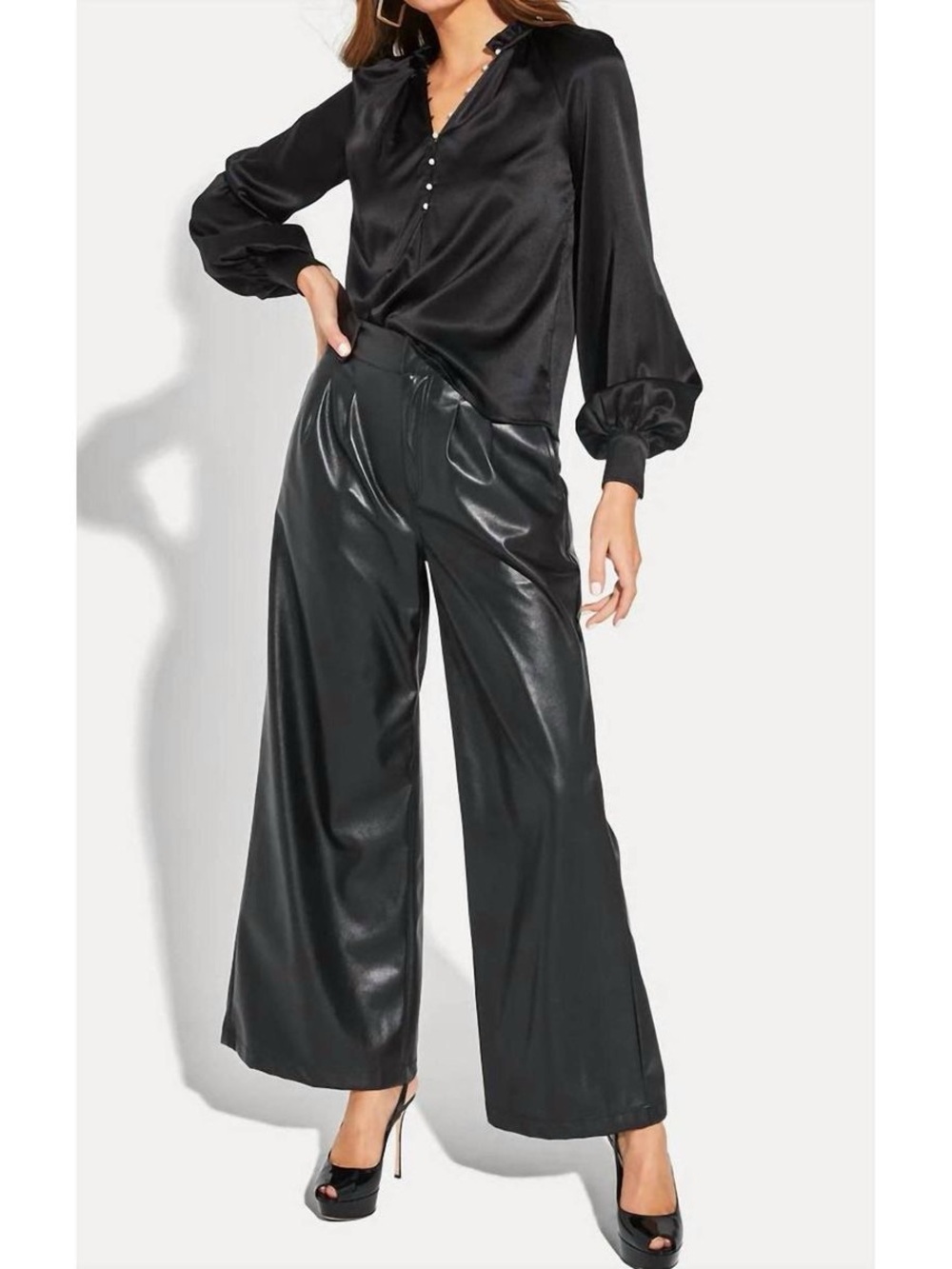 Black Leather-Look Wide Leg Men's Pants